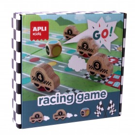 Apli Racing Game Juego de Mesa - Tablero Despegable - 4 Piezas de Madera con Forma de Coche - Dado de Colores - Enseña a Respeta