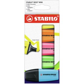 Stabilo Boss Mini Pack de 5 Marcadores Fluorescentes - Trazo entre 2 y 5mm - Tinta con Base de Agua - Antisecado - Colores Surti