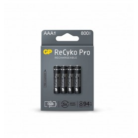 GP ReCyko Pro Pack de 4 Pilas Recargables 800mAh AAA 1.2V - Precargadas - Ciclo de Vida: Hasta 1.500 Veces