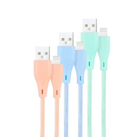 Nanocable Pack de 3 Cables Mallados USB-A Macho a Lightning Macho - Longitud 1m - Colores Pastel Rosa, Verde y Azul
