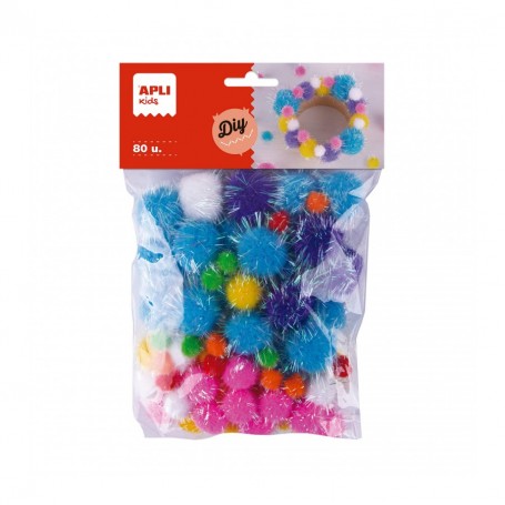 Apli Kids Bolsa de 80 Pompones Glitter - Tamaños 10mm, 20mm, 25mm - Colores Surtidos