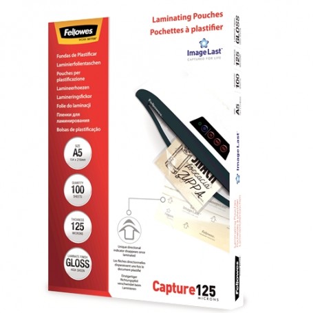 Fellowes Pack de 100 Fundas para Plastificar Brillo A5 - 125 Micras - Alta Calidad - Transparente