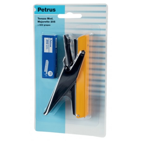 Petrus 205 Mini Majorette Grapadora de Tenaza + 1 Caja 600 Grapas - Hasta 10 Hojas - Grapado Cerrado - Colores Surtidos