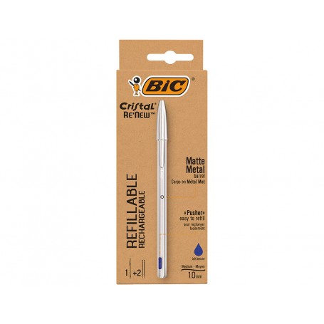 Bic Cristal Re´new Boligrafo de Bola con Cuerpo Metalico + 2 Recambios - Punta Media de 1.0mm - Tinta con Base de Aceite - Color
