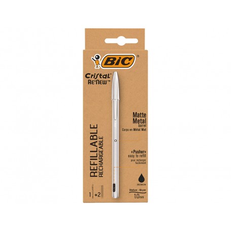 Bic Cristal Re´new Boligrafo de Bola con Cuerpo Metalico + 2 Recambios - Punta Media de 1.0mm - Tinta con Base de Aceite - Color