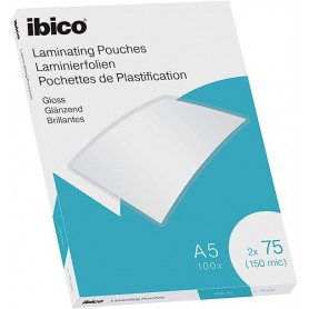 Ibico Gloss Pack de 100 Laminas para Plastificar A5 150 Micras - Acabado Brillante - Plastifica Papel, Fotos, Tarjetas de Visit
