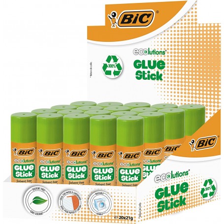 Bic ECOlutions Glue Stick Expositor de 20 Barras de Pegamento 21g - Ideal para Papel y Carton - Lavable