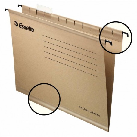 Esselte Classic Folio Prolongado Carpeta Colgante Reforzada - Caja de 50 - 10 Veces Mas Resistente - Natural - Visores de Plasti