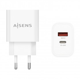 Aisens Cargador 20W - 1xUSB-C PD3.0 - 1xUSB-A QC3.0 - Color Blanco