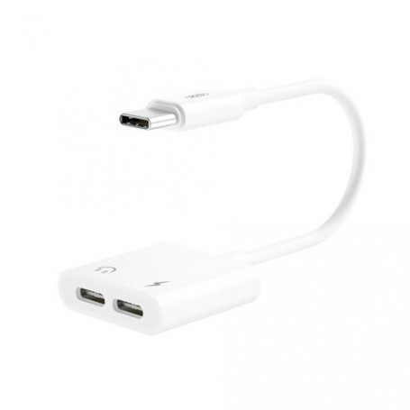 XO Adaptador USB-C Macho a USB-C Hembra Carga y USB-C Hembra Audio - Admite Carga Ordinaria QC y 5V / 2A - Cable de 15cm