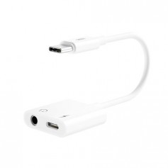 XO Adaptador USB-C Macho a USB-C Hembra y Mini Jack - Admite Carga Ordinaria QC y 5V / 2A - Cable de 15cm