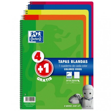 Oxford Pack 4+1 Cuadernos Espiral Formato Folio Cuadriculado 4x4mm - 80 Hojas - Tapa Blanda - Colores Surtidos