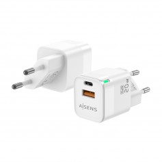 Aisens Cargador GAN 20W - 1xUSB-C PD3.0 QC4.0 - 1xUSB-A QC3.0 - Color Blanco