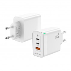 Aisens Cargador GAN 65W - 2xUSB-C PD3.0 QC4.0 - 1xUSB-A QC3.0 - Color Blanco