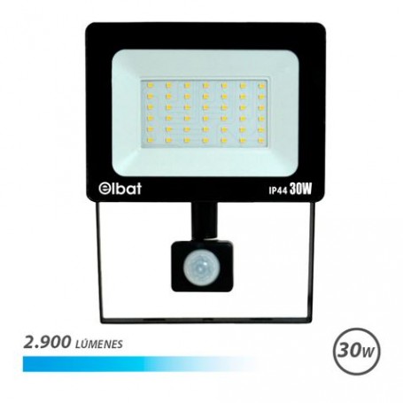 Elbat Foco LED con Sensor de Movimiento - Potencia: 30W - Lumenes: 2900 - Luz Fria 6.500K - Vida Util: 30.000 - 50.000 Horas - A