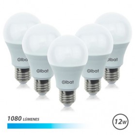 Elbat Pack 5 Unidades - Potencia 12W - Lumenes 1080 - Tipo de Luz 6500K Luz Fria - Casquillo E27 - Angulo 220º - Dimensiones 60X