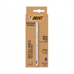 Bic Cristal Re´new Pack de Boligrafo Recargable de Bola + 2 Recambios - Punta Redonda de 1.0mm - Trazo 0.32mm - Tinta con Base d