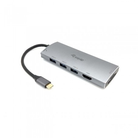 Equip Hub USB-C con 3x USB 3.0, 1x USB-C, 1x HDMI, Lector de Tarjetas SD y TF - Velocidad de hasta 5Gbps - Carcasa de Aluminio