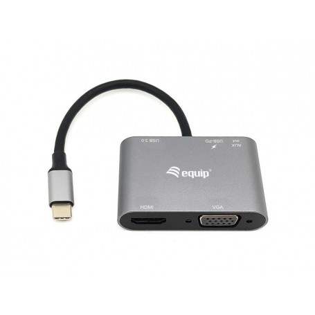 Equip 5 en 1 Adaptador Multifuncional USB-C con 1x USB-A 3.0, 1x USB-C PD, 1x HDMI, 1x RJ45, 1x AUX - Carcasa de Aluminio - Cabl