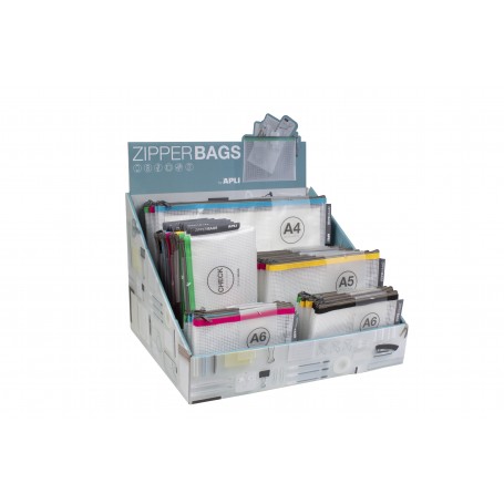 Apli Expositor de Zipper Bags - 80 Unidades en 4 Medidas Surtidas - 5 Colores Resistentes - Goma Eva Transparente de Alta Calida