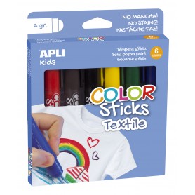 Apli Color Sticks Textil - Pack 6 Unidades de 6g - Colores Surtidos Resistentes Al Lavado - Secado Al Aire en 12 Horas - Colores