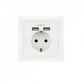 Nanocable Roseta Base de Enchufe de Pared Empotrable Tipo Schuko con 2 Tomas USB 2.4A - Color Blanco