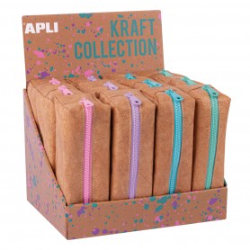Apli Kraft Collection Expositor de 12 Estuches Compactos con Cremallera de Colores Pastel - Estuches de 185x75x55mm con Gran Cap