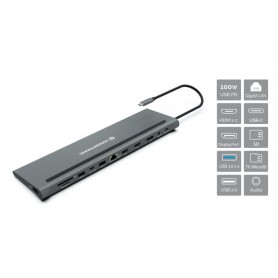 Conceptronic 12 en 1 Estacion de Acoplamiento USB-C con 2x HDMI, 1x USB-C PD, 1x DisplayPort, 1x Gigabit LAN, 2x USB-A 3.0, 1x U