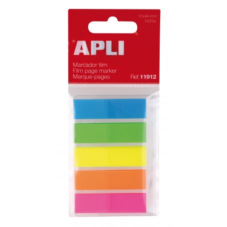 Apli Indices Adhesivos Film 45x12mm 5 Colores Fluorescentes - 25 Indices por Color - Facil de Pegar y Despegar - Ideal para Marc