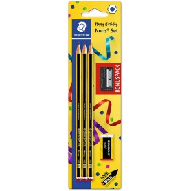 Staedtler Noris 120 Pack de 3 Lapices de Grafito Hexagonales + Goma de Borrar + Sacapuntas - Mina HB Ultrarresistente de 2mm - M