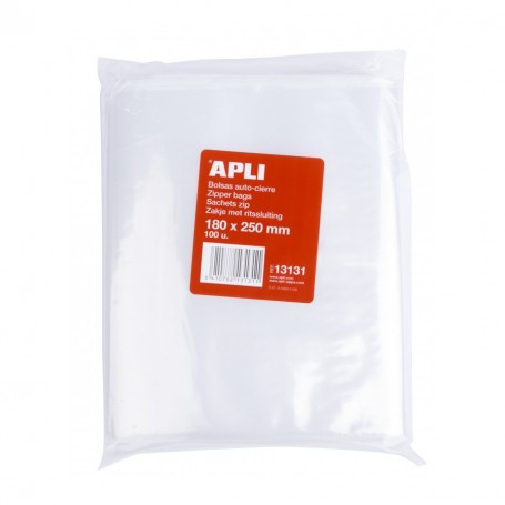 Apli Pack de 100 Bolsas de Auto Cierre 180 x 250 mm - Cierre Seguro - Aptas para Alimentos