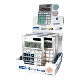 Milan Pocket Silver Expositor de 6 Calculadoras de Bolsillo 8 Digitos - Tacto Suave - 3 Teclas de Memoria y Raiz Cuadrada - Apag