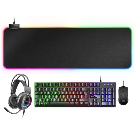 Mars Gaming Pack 4 en 1 USB con Iluminacion RGB Teclado Tecnologia Hibrida H-Mech, Antighosting + Raton 10000dpi + Auriculares c