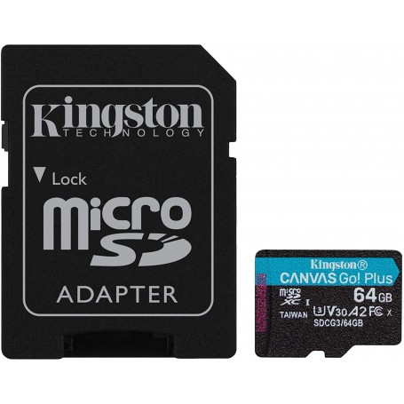 Kingston Tarjeta Micro SDXC 64GB UHS-I U3 V30 Clase 10 170MB/s Canvas Go Plus con Adaptador