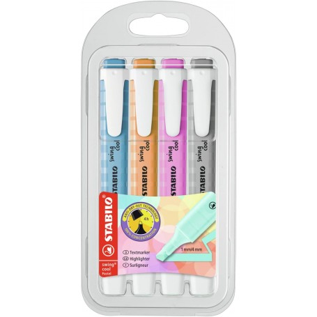 Stabilo Swing Cool Pastel Pack de 4 Marcadores Fluorescentes - Cuerpo Plano - Punta Biselada - Trazo entre 1 y 4mm - Tinta con B