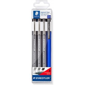 Staedtler Pigment Liner 308 Pack de 3 Rotuladores Calibrados + 1 Portaminas - Secado Rapido - Color Negro