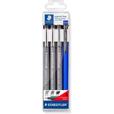 Staedtler Pigment Liner 308 Pack de 3 Rotuladores Calibrados + 1 Portaminas - Secado Rapido - Color Negro