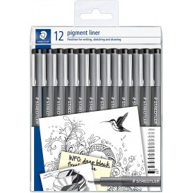 Staedtler Pigment Liner 308 Pack de 12 Rotuladores Calibrados - Tamaños de Puntas Surtidos - Color Negro