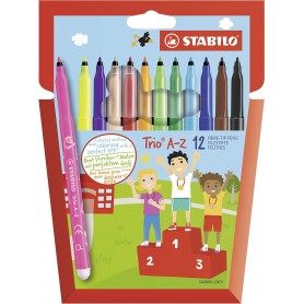 Stabilo Trio AZ Pack de 12 Rotulador de Punta Fina de Fibra - Trazo 0.7mm - Tinta Super Lavable - Forma Triangular - Colores Sur