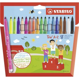 Stabilo Trio AZ Pack de 18 Rotuladores de Punta Fina de Fibra - Trazo 0.7mm - Tinta Super Lavable - Forma Triangular - Colores S