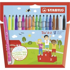Stabilo Trio AZ Pack de 18 Rotuladores de Punta Fina de Fibra - Trazo 0.7mm - Tinta Super Lavable - Forma Triangular - Colores S