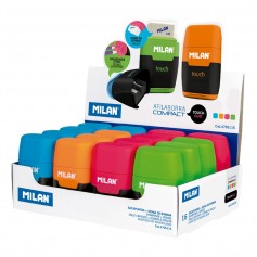 Milan Compact Fluo Expositor de 16 Afilaborras - Uso Estandar y Maxi - Cuchilla de Acero - Goma de Borrar - Cuchilla de Segurida
