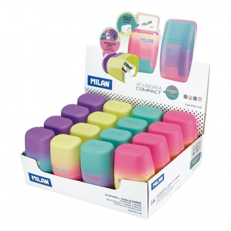 Milan Compact Sunset Expositor de 16 Afilaborras - Uso Estandar y Maxi - Cuchilla de Acero - Goma de Borrar - Cuchilla de Segur