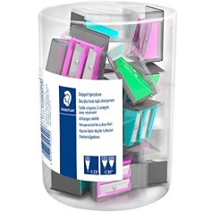 Staedtler Expositor con 18 Sacapuntas de Plastico - 2 Agujeros - Angulo de Afilado 23° y 30° - Colores Surtidos