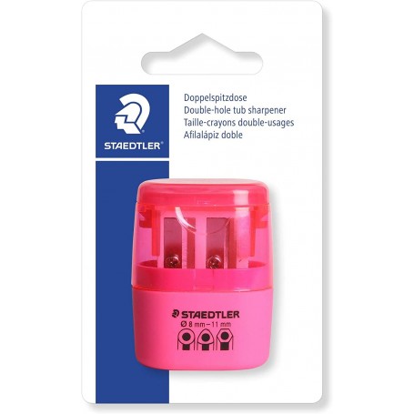 Staedtler Sacapuntas Doble Uso con Deposito - 2 Agujeros - De 8.2mm hasta 10.2mm - Color Rosa Neon
