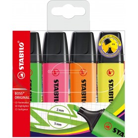 Stabilo Boss 70 Pack de 4 Marcadores Fluorescentes - Trazo entre 2 y 5mm - Recargable - Tinta con Base de Agua - Colores Surtido