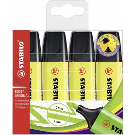 Stabilo Boss 70 Pack de 4 Marcadores Fluorescentes - Trazo entre 2 y 5mm - Recargable - Tinta con Base de Agua - Color Amarillo 