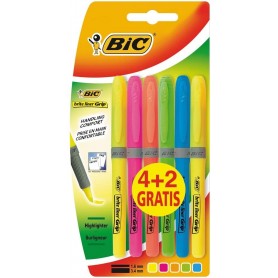 Bic Brit Liner Grip 4+2 Pack de 6 Marcadores Fluorescentes - Tinta con Base de Agua - Punta Biselada - Trazo entre 1.60 y 3.30mm