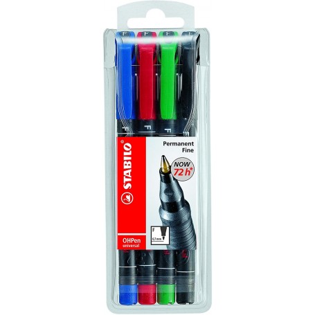 Stabilo OHPen Pack de 4 Rotuladores Permanentes - Punta Fina - Trazo de 0.7mm - Agarre Antideslizante - Tapon Ventilado - Colore