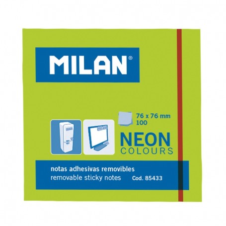 Milan Bloc de 100 Notas Adhesivas - Removibles - 76mm x 76mm - Color Verde Neon